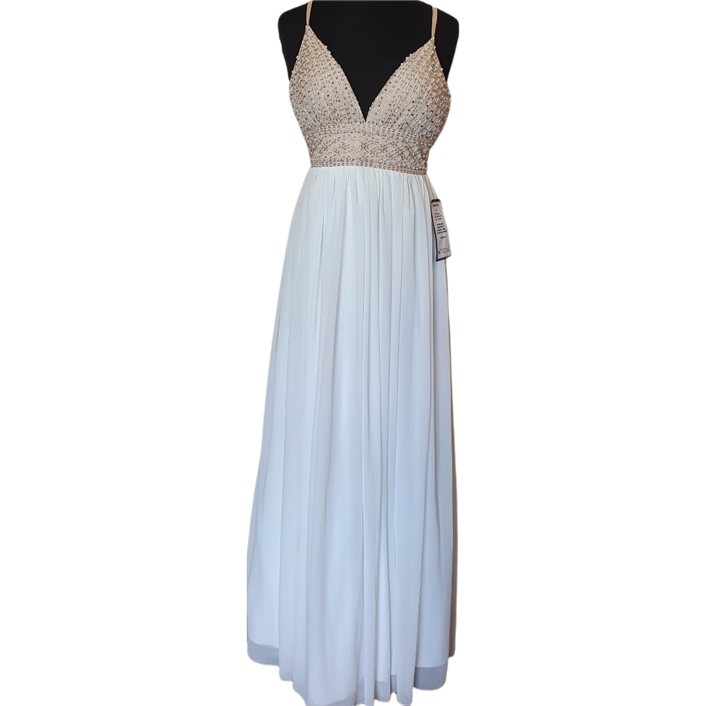 White nude beaded flowy evening gown